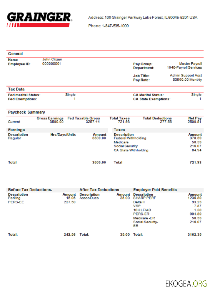 Fiche de paie d'une entreprise industrielle américaine Grainger